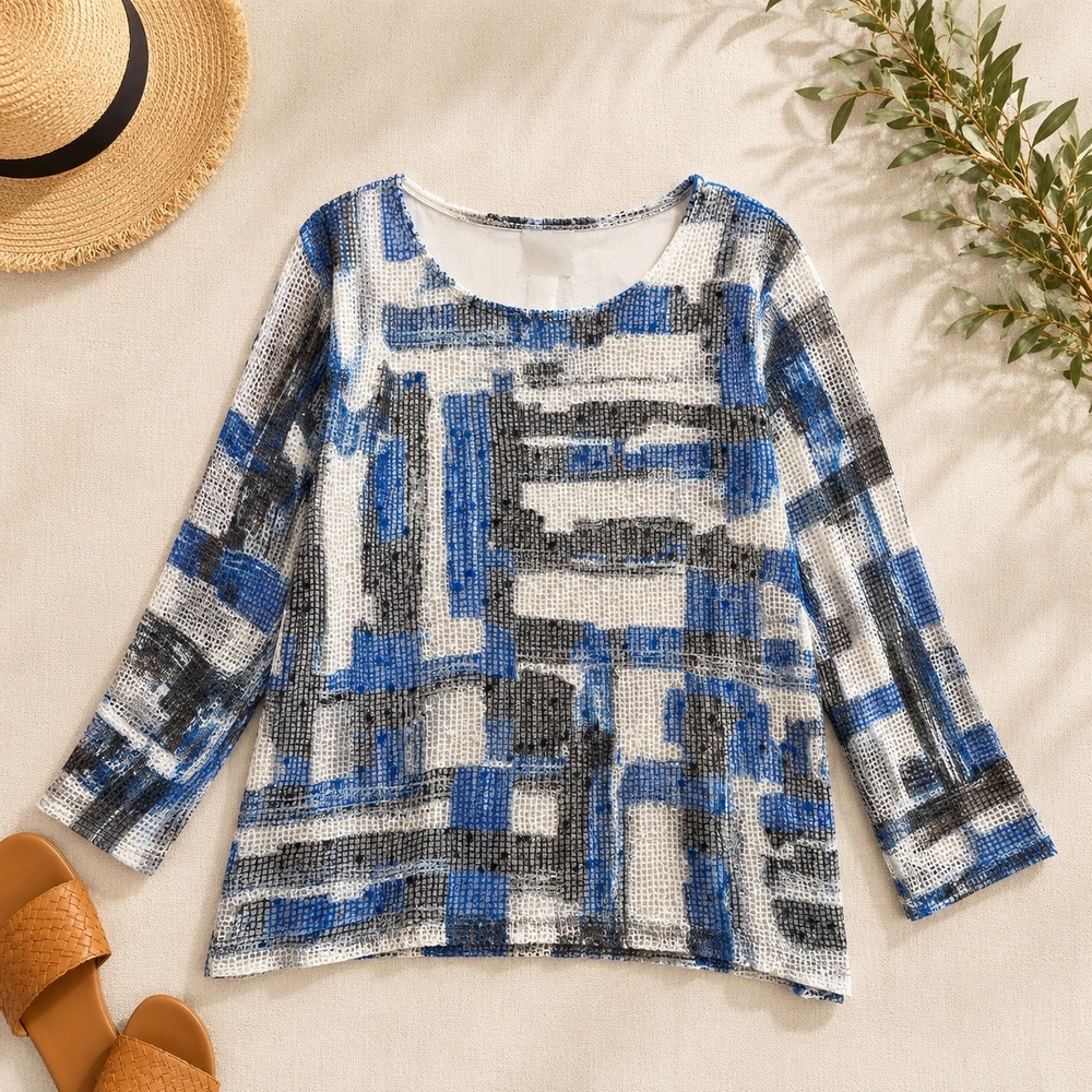 Alfred Dunner Womens Blue Geometric Abstract Mesh Overlay 3/4 Sleeve Top Small